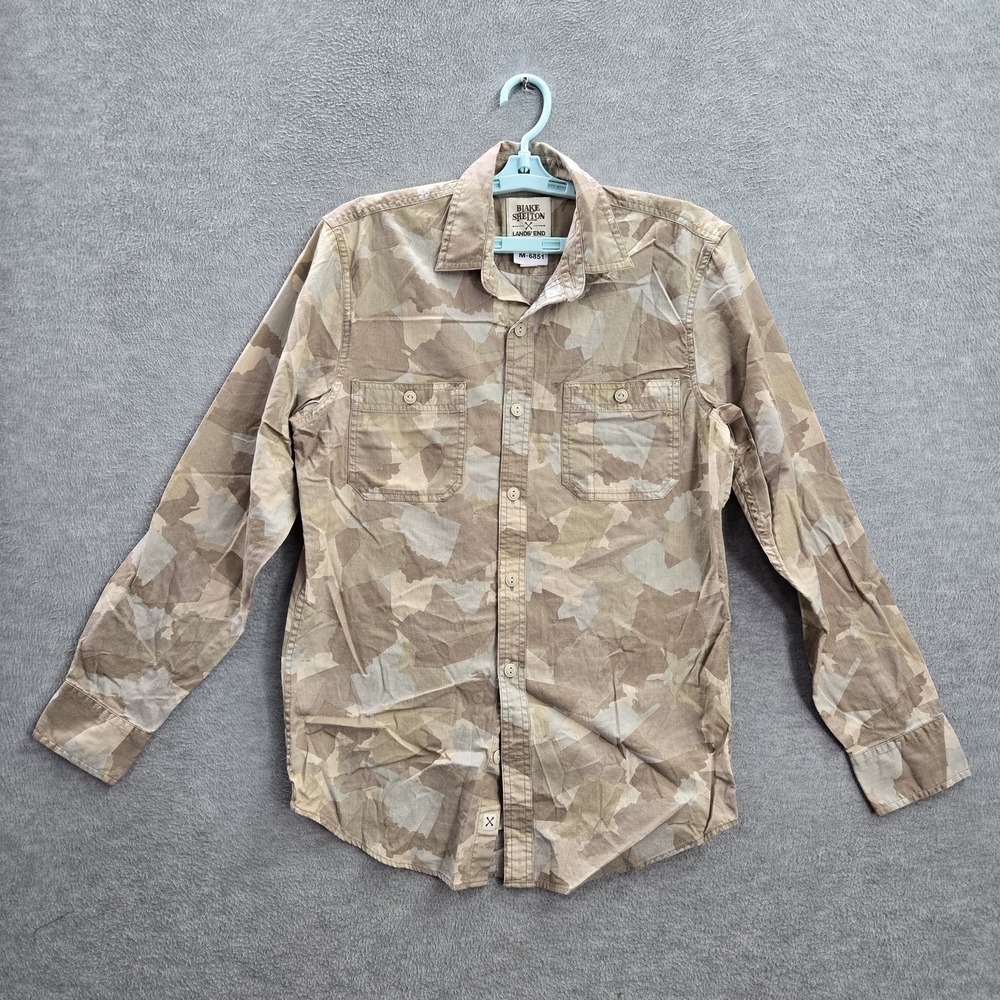 Lands' End Men Button Up Shirt S Beige Camouflage Blake‎ Shelton Long Sleeve